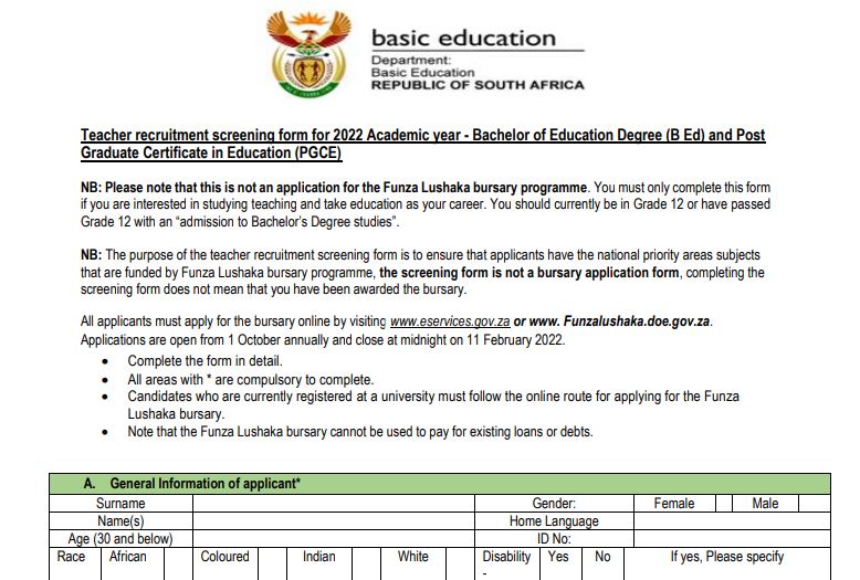 Funza Lushaka bursary application form 2023 PDF download